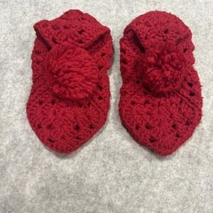 Women's Vintage Handmade Knit Crochet Size 8-9 Red Slip On Slippers Boho Cottage